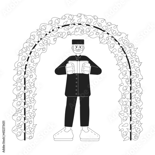 Nikah ceremony officiant monochrome concept vector spot illustration. Imam muslim man 2D flat bw cartoon character for web UI design. Wedding ceremony leader isolated editable hand drawn hero image