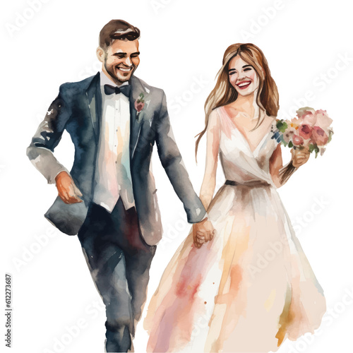 Watercolor illustration of newlyweds bride and groom happy running holding hands.