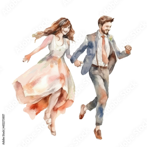 Watercolor illustration of newlyweds bride and groom happy running holding hands.