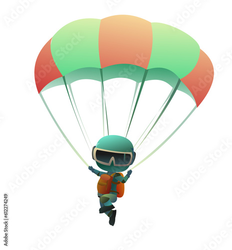 Skydiver flying down sky. Free float. Cartoon style character. Isolated on white background. Parachute opened. Vector picture