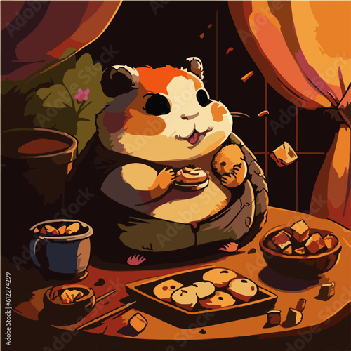 relax Hamster eating Sheng Jian Bao (Pan Fried Pork Buns), Hamster character, artistic, print design, for t-shirt and case
