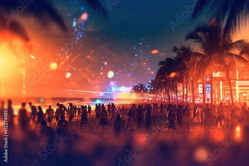 Party beach. Blurred people having night beach party in summer  © tashechka