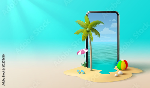 Summer time banner phone, season party bar app, tropical fruity. Vector illustration
