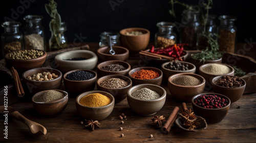 A collection of different spices and herbs  arranged in small bowls