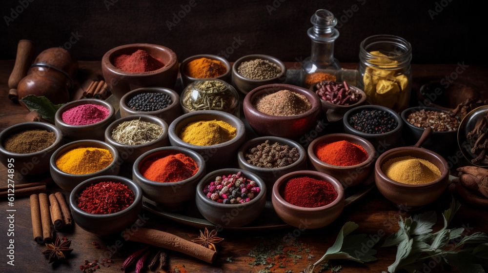 A collection of different spices and herbs, arranged in small bowls