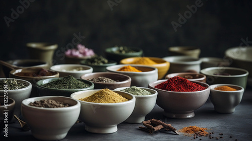 A collection of different spices and herbs  arranged in small bowls