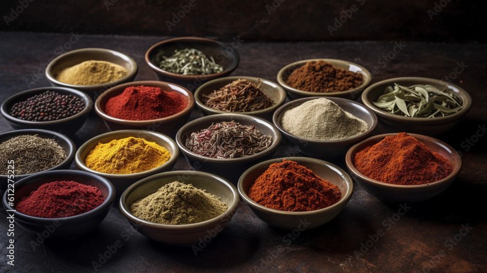 A collection of different spices and herbs, arranged in small bowls A collection of different spices and herbs, arranged in small bowls