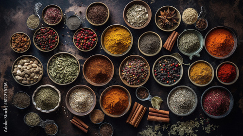 A collection of different spices and herbs  arranged in small bowls