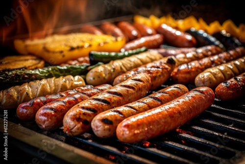 sausages sizzling on a grill with a variety of toppings and condiments