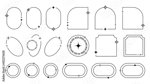 Set of different frames in y2k style. Graphic line design elements with frames, stars, text and dots. Old school vector decorations isolated on white background.