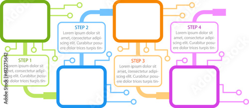 Colourful electronics infographic chart design template. Tech info. Abstract vector infochart with blank copy spaces. Instructional graphics with 4 step sequence. Visual data presentation