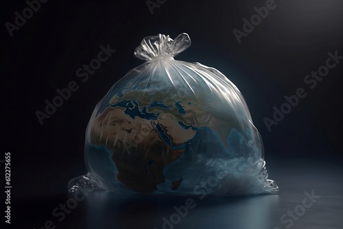 Plan in a cellophane bag. Pollution of the earth and the environment. 