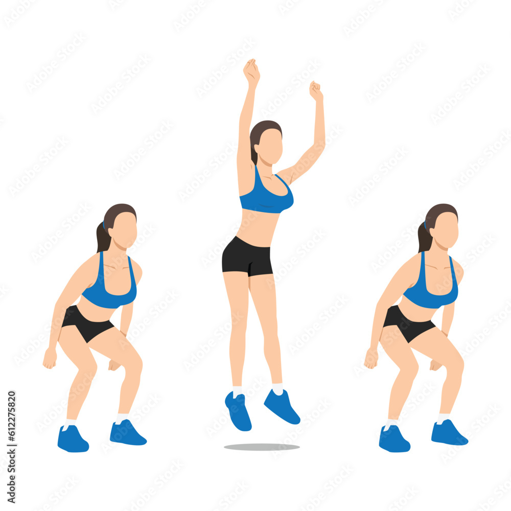 Woman doing side to side jump squat exercise. Flat vector illustration isolated on white background Woman doing side to side jump squat exercise. Flat vector illustration isolated on white background
