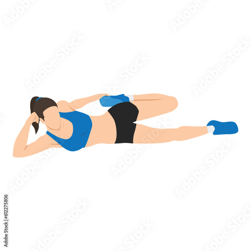 Woman doing side lying quad stretch exercise. Flat vector illustration isolated on white background