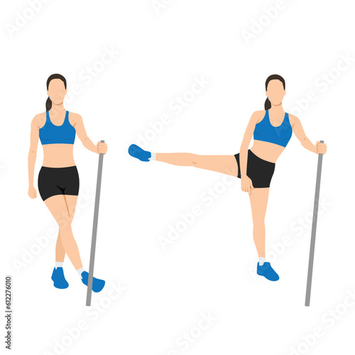Woman doing side lateral leg or hip swings exercise. Flat vector illustration isolated on white background