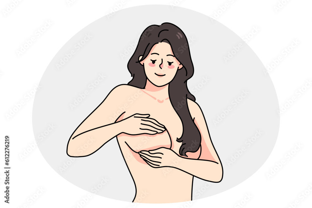 Young woman touching breast preventing cancer. Female doing self-examination for diagnosis or prevention of oncology. Healthcare and medicine concept. Vector illustration. Young woman touching breast preventing cancer. Female doing self-examination for diagnosis or prevention of oncology. Healthcare and medicine concept. Vector illustration.