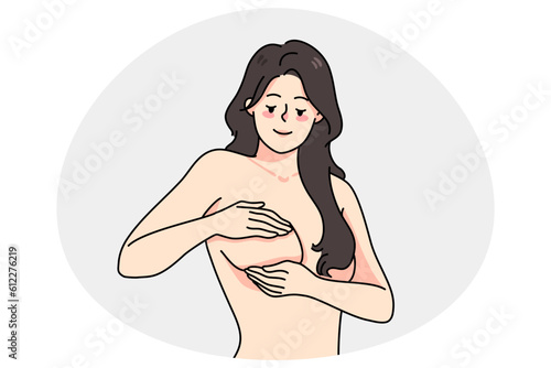 Young woman touching breast preventing cancer. Female doing self-examination for diagnosis or prevention of oncology. Healthcare and medicine concept. Vector illustration.