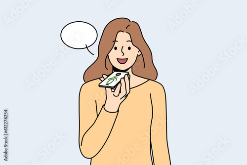 Smiling woman record voice message on cellphone. Happy female talk with digital audio assistant on smartphone. Technology and recording. Vector illustration. 