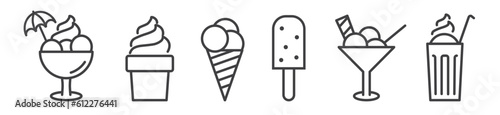 Set of editable thin line ice cream icons - sundae, cone, parfait, Iced coffee and frozen yogurt