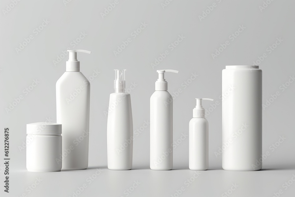 Set of blank cosmetic bottles close-up on white background. Generative AI Set of blank cosmetic bottles close-up on white background. Generative AI