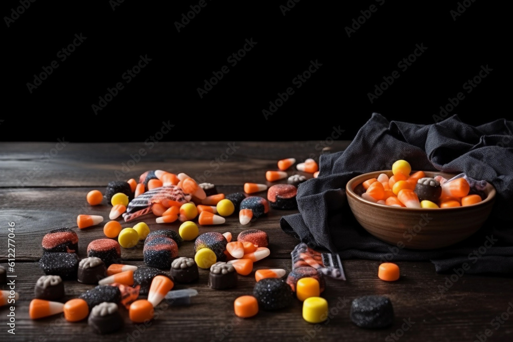 Halloween candies on a dark wooden table, Generative AI