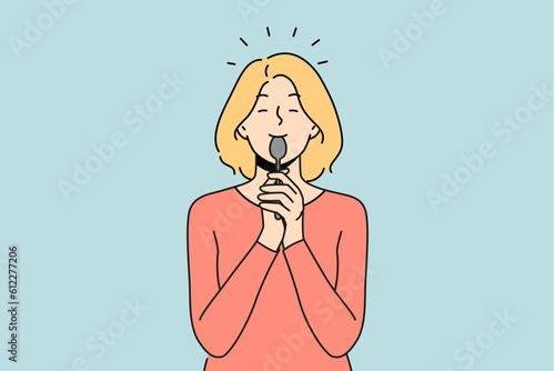 Smiling girl licking spoon after tasty food or dessert. Happy woman with cutlery after tasting or eating. Vector illustration. 