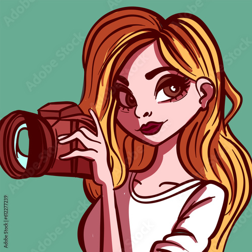 Digital art of a photographer holding a camera. Vector of a woman taking a photo.