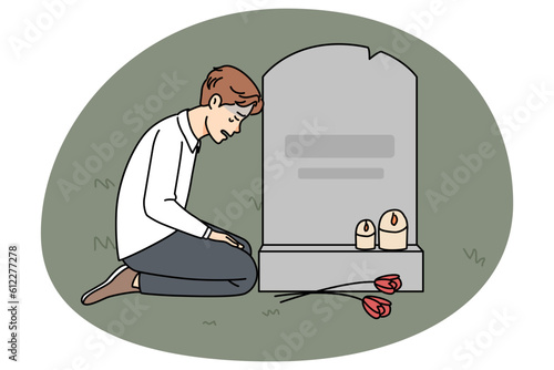 Sad man sitting near grave at cemetery mourning after passed wife or mother. Unhappy desperate widower put flowers and candles on memorial day yearning and missing. Vector illustration.