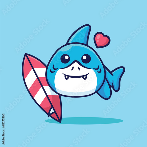 Cute shark holding a surfboard cartoon vector illustration