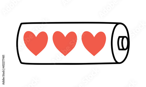 Hand drawn cute outline illustration of battery with heart inside. Flat vector fully charged accumulator symbol in doodle style. Mental health, self love sticker, icon. Isolated on white background.