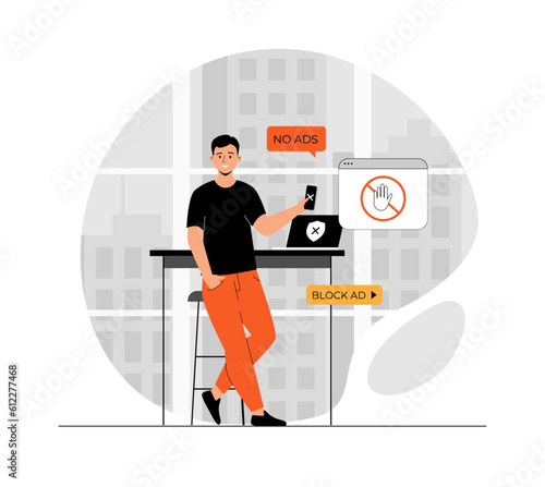 Ad blocking software concept. Removing online advertising, ad filtering tools, internet browser extension. Illustration with people scene in flat design for website and mobile development.