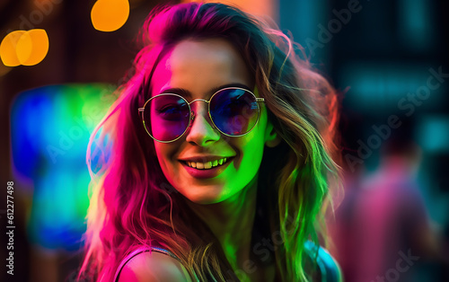 Portrait of a smiling young woman in sunglasses. Neon colors. Generative AI technology.