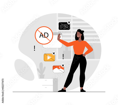 Ad blocking software. Removing online advertising, anti-spam protection, browser extension, mail filter. Illustration with people scene in flat design for website and mobile development.