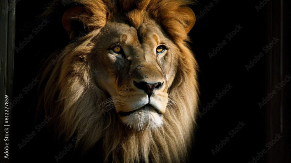 Portrait of a male lion isolated on black background in the wild.
Close-up portrait of lion in the wild.