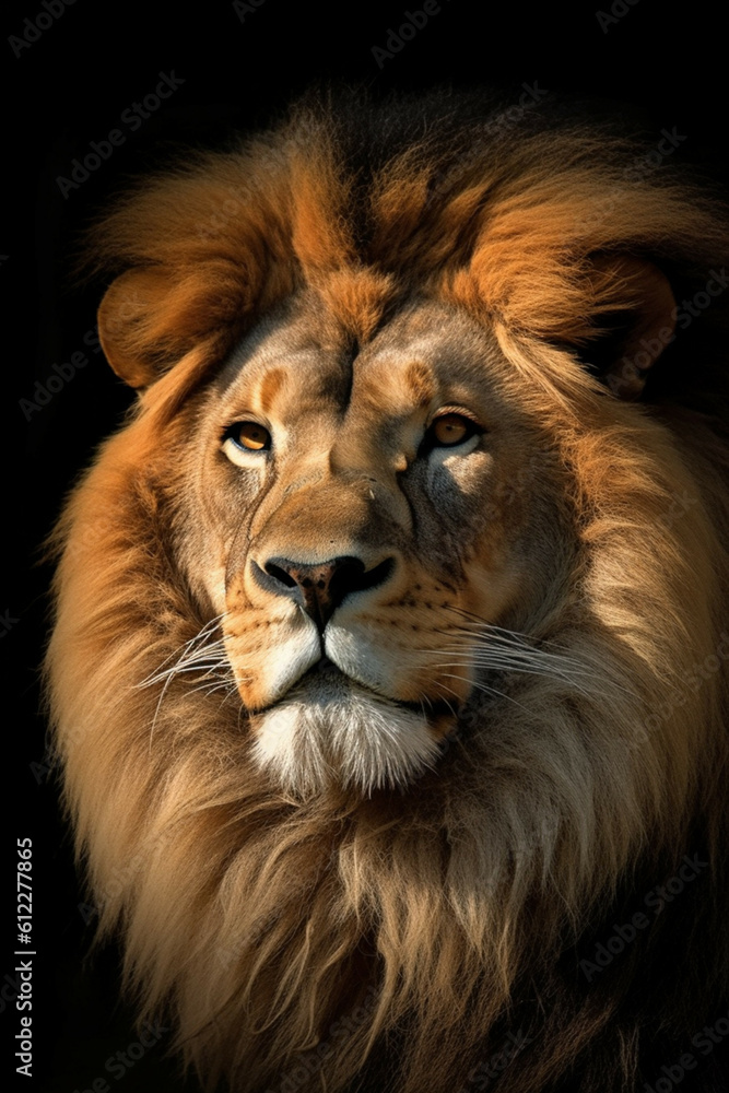 Portrait of a male lion isolated on black background.Concept of Lion King Jesus , Lion of Judah , God Jesus Lion King,Religion and Faith of Christianity.Concept of The Lion of the Tribe of Judah.