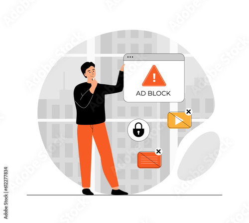 Online ad blocker concept. No advertising, anti spam protection, without ads concept. Website Adblock software. Illustration with people scene in flat design for website and mobile development