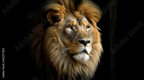 Portrait of a male lion isolated on black background in the wild. Close-up portrait of lion in the wild.