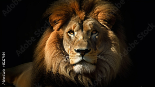 Portrait of a male lion isolated on black background in the dark. Close-up portrait of lion in the wild.