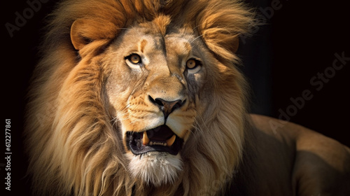 Close up of a male lion, Panthera leo, isolated on black background.