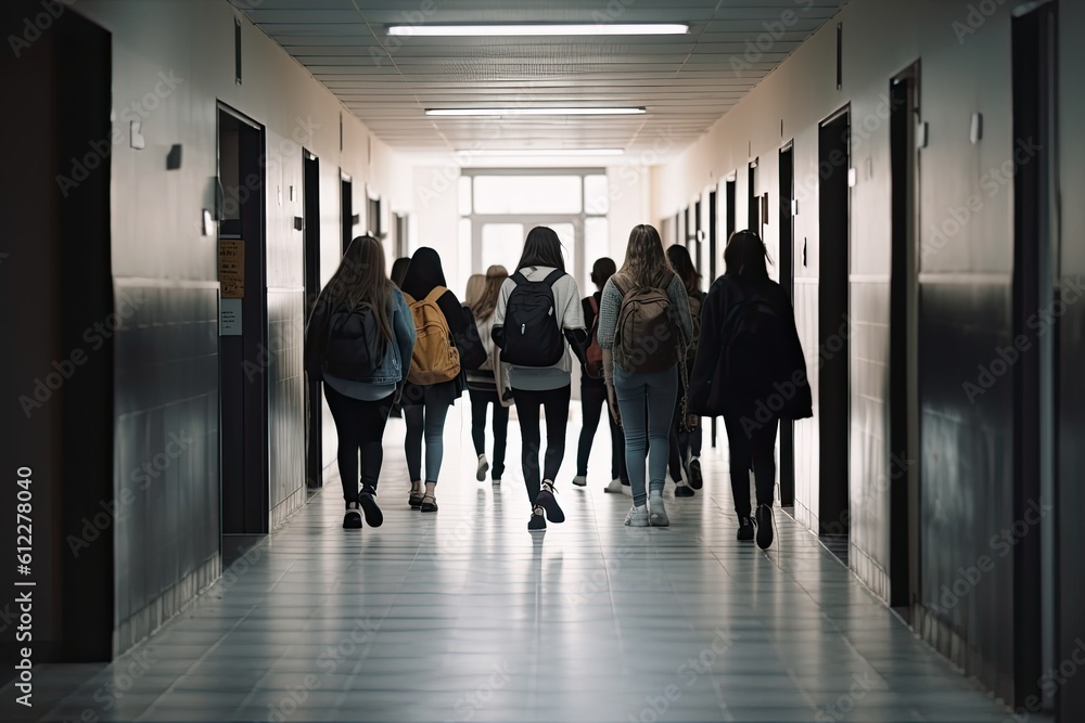 Back view of group of students walking in corridor of school or university, Teenage school kids standing in front of locker, AI Generated