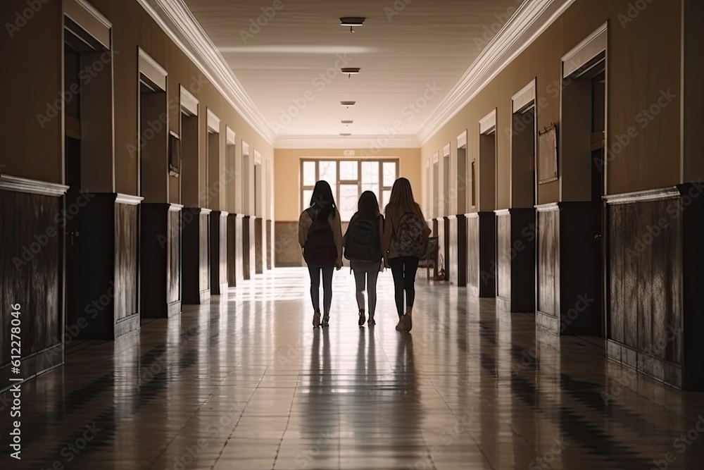 Two women walking in the corridor of an old hospital. 3d rendering, Teenage school kids standing in front of locker, AI Generated