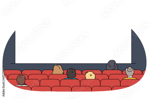 Rear view of people sitting in movie theater watching premier show. Viewers or clients enjoy evening in cinema look at projection screen. Mockup, motion picture. Vector illustration.