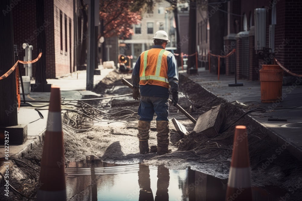construction worker working on a new road construction site in an urban setting, Utility worker men rear view fixing a broken water line, AI Generated