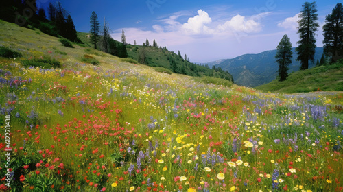 Tableau sur toile Hillside with colorful wildflowers in mountain landscape (Generative AI)