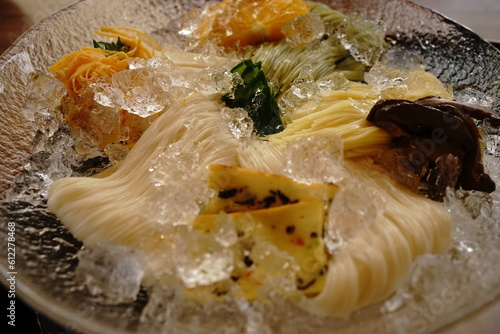 Japanese Food, Somen or Nyumen Noodle Soup - 日本料理 そうめん 温麺 天ぷら	 photo