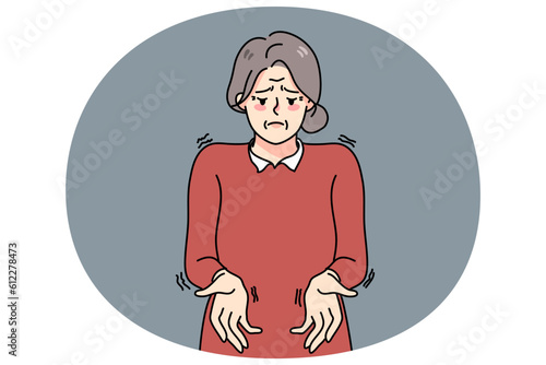 Unhealthy old woman with trembling hands suffer from Parkinson disease. Sick mature grandmother struggle with neurological illness symptoms. Elderly healthcare. Vector illustration.