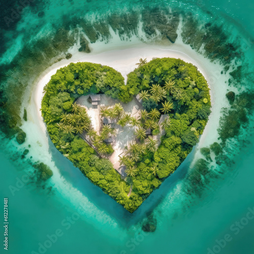 Aerial view of exotic island in shape of love heart (Generative AI)
