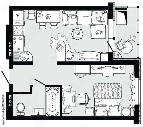 Architectural plan of studio apartment with kitchen and bedroom. Small house top view. Floor plan with furniture placement. The interior design project. Vector.