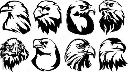 Hand drawn eagle head emblem set. Mascot bird collection. Predator logo illustration isolated on white.