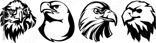 Hand drawn eagle head emblem set. Mascot bird collection. Predator illustration isolated on white.
